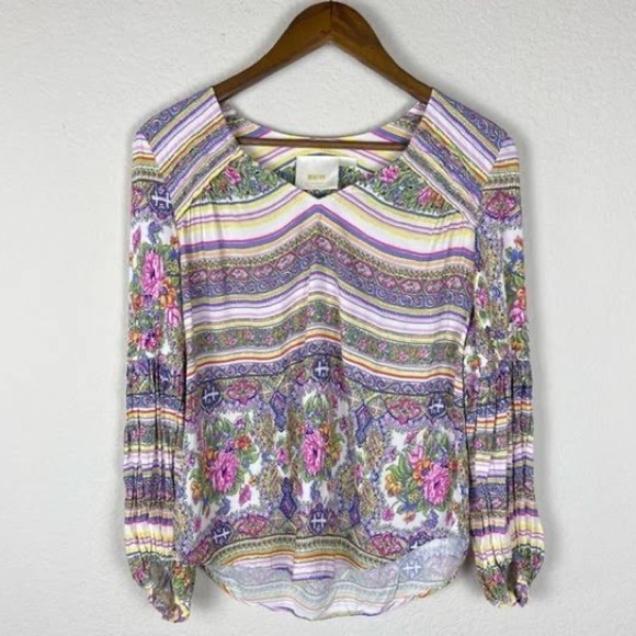 Maeve Anthropologie Ceresco Peasant Blouse boho Shirt Multi Pastel floral top Md - Picture 1 of 10
